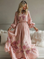 Elegant Rose Embroidery V-neck Long-sleeved Dress For Women