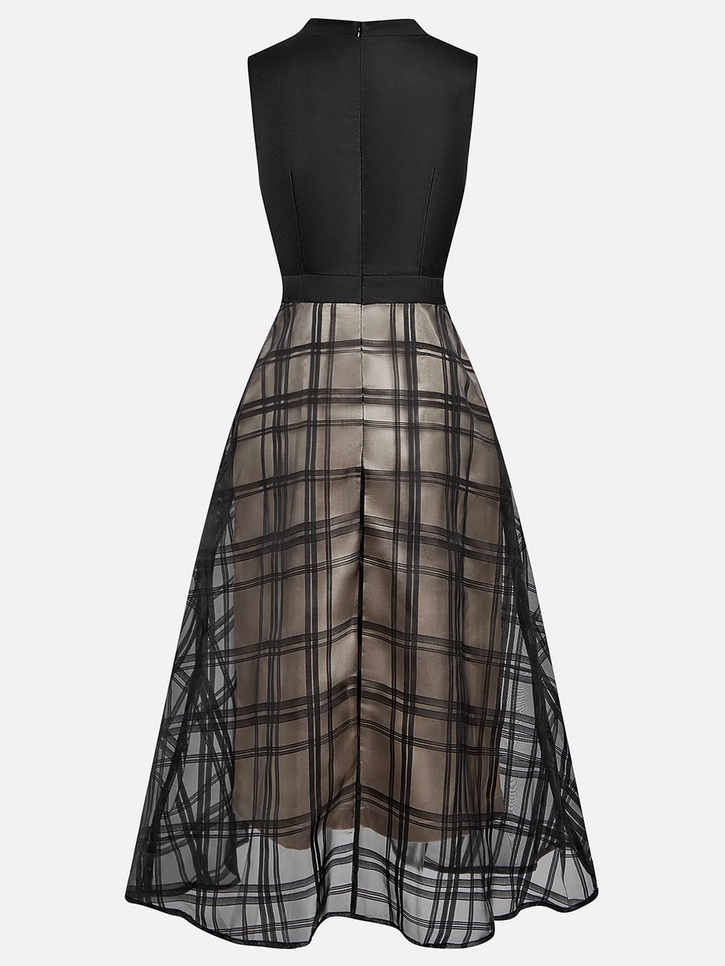 Black Organza Plaid Classic Mock Neck Sleeveless A-Line Midi Dress