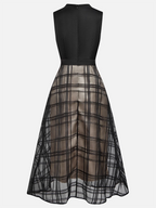Black Organza Plaid Classic Mock Neck Sleeveless A-Line Midi Dress
