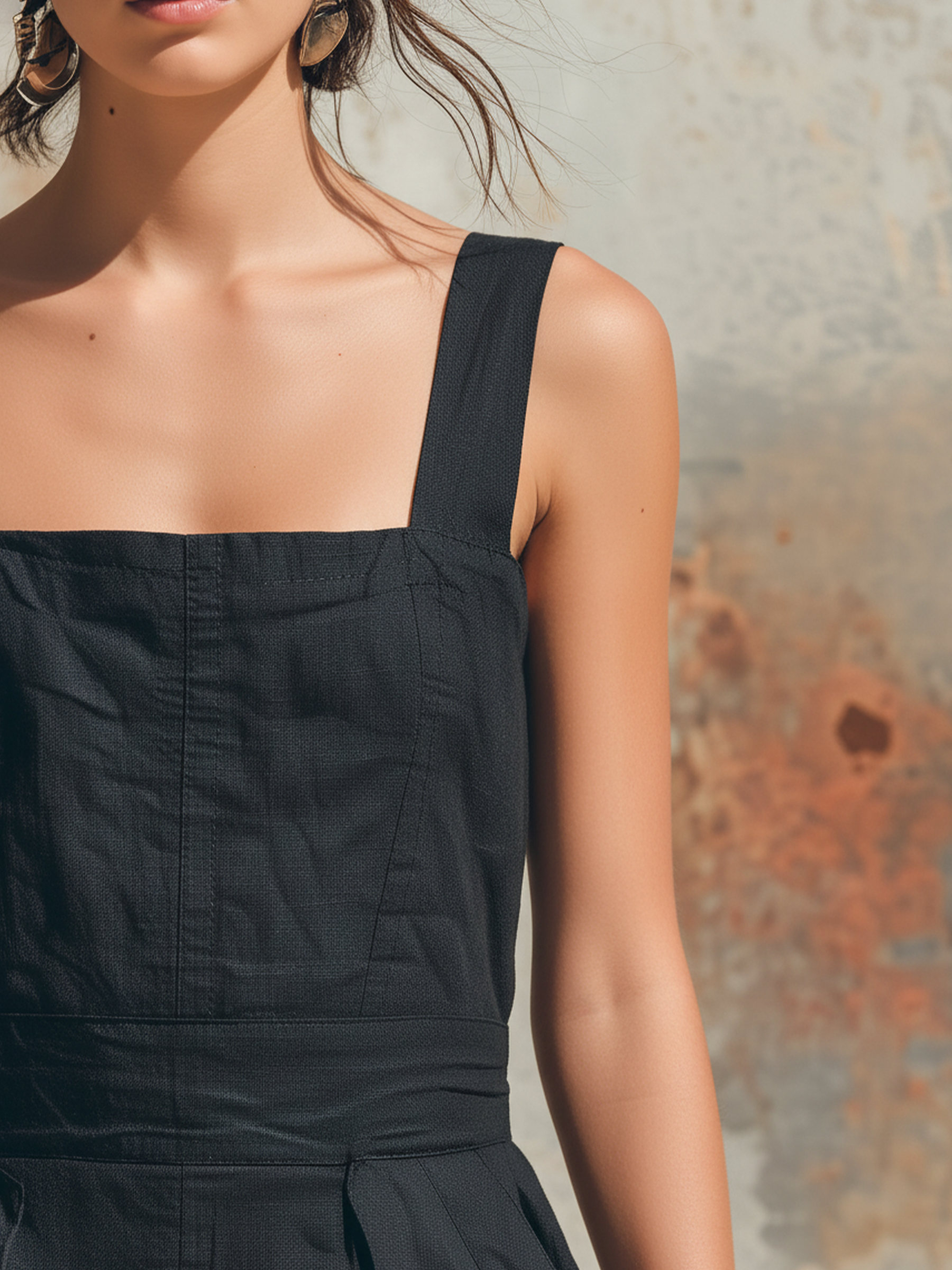 Black Linen-Blend Square Neck Utility Pocket Wide-Leg Jumpsuit