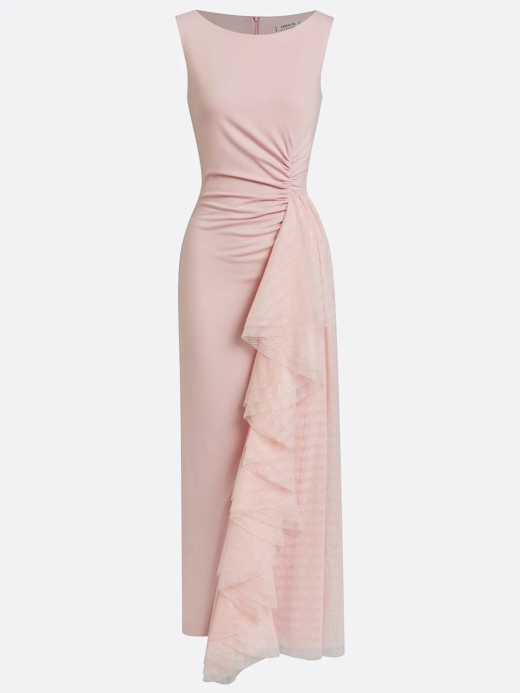Pink Mesh Ruched Knit Boat Neck Sleeveless Sheath Maxi Dress