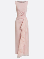 Pink Mesh Ruched Knit Boat Neck Sleeveless Sheath Maxi Dress