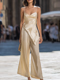 Asymmetrical Draped Satin Cami & Wide-Leg Two-Piece Set