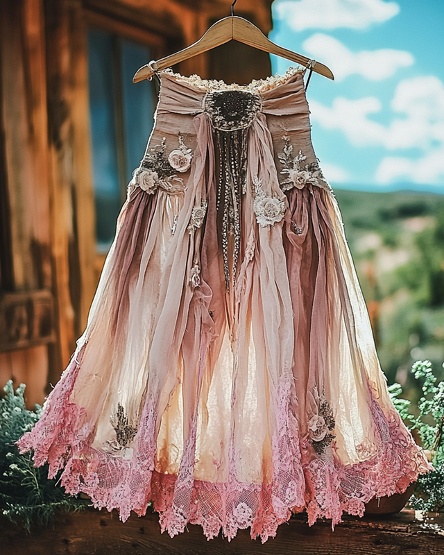 Summer Vacation Ruffle  Lace Patchwork Skirt 78b8