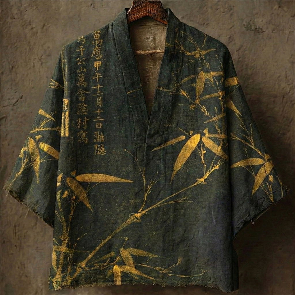 Men's Retro Bamboo Calligraphy Art Print Casual Linen Kimono