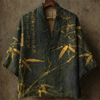 Men's Retro Bamboo Calligraphy Art Print Casual Linen Kimono