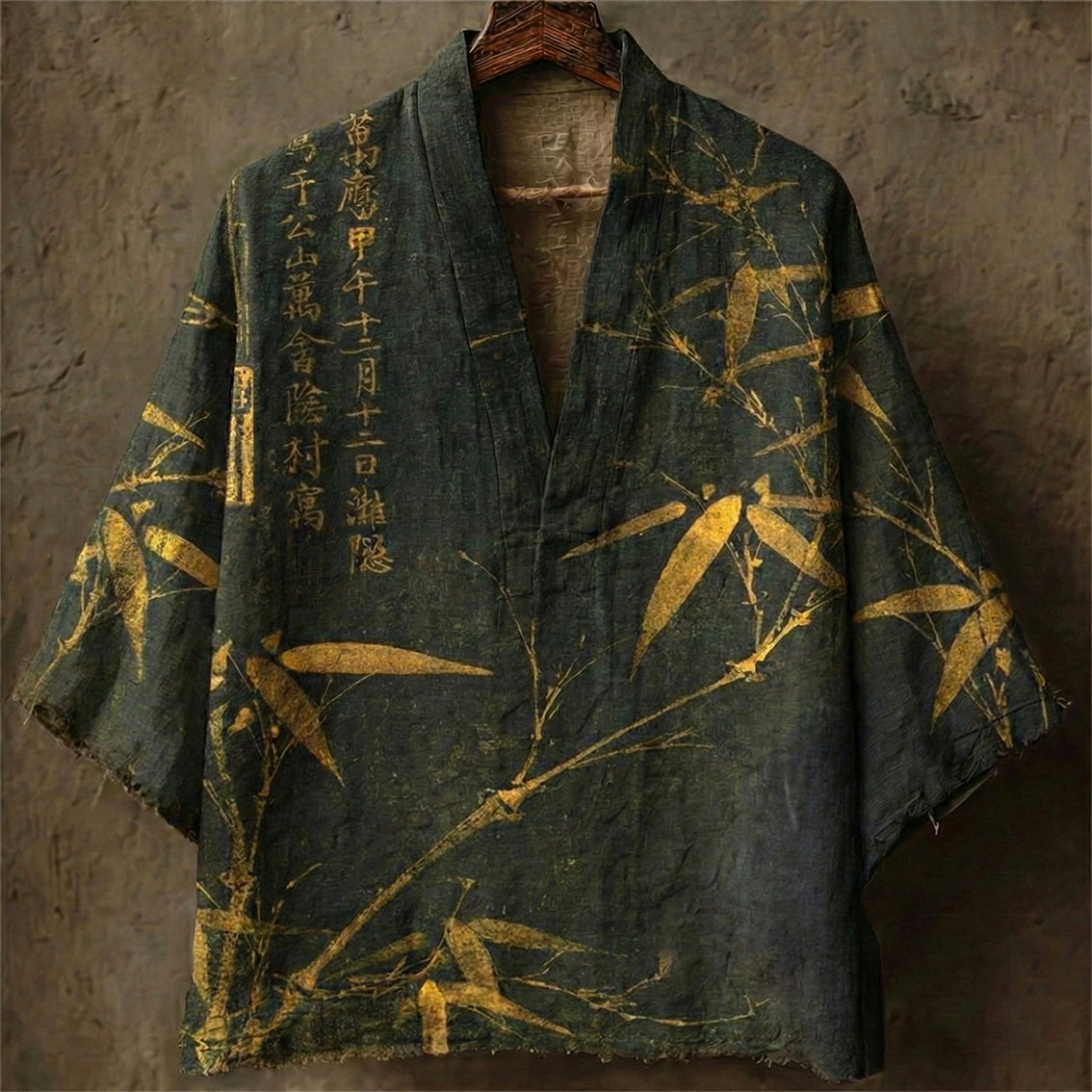 Men's Retro Bamboo Calligraphy Art Print Casual Linen Kimono