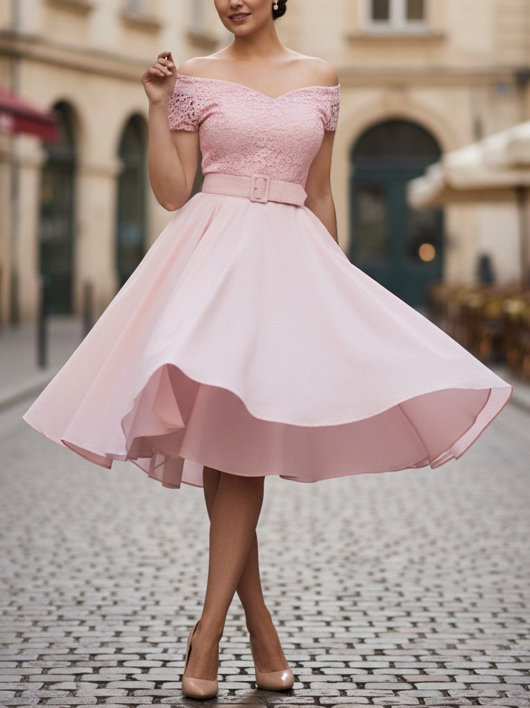 Midi Cotton Dress, Sleeveless, Off The Shoulder, Plain, Lace, French Vintage, Pink