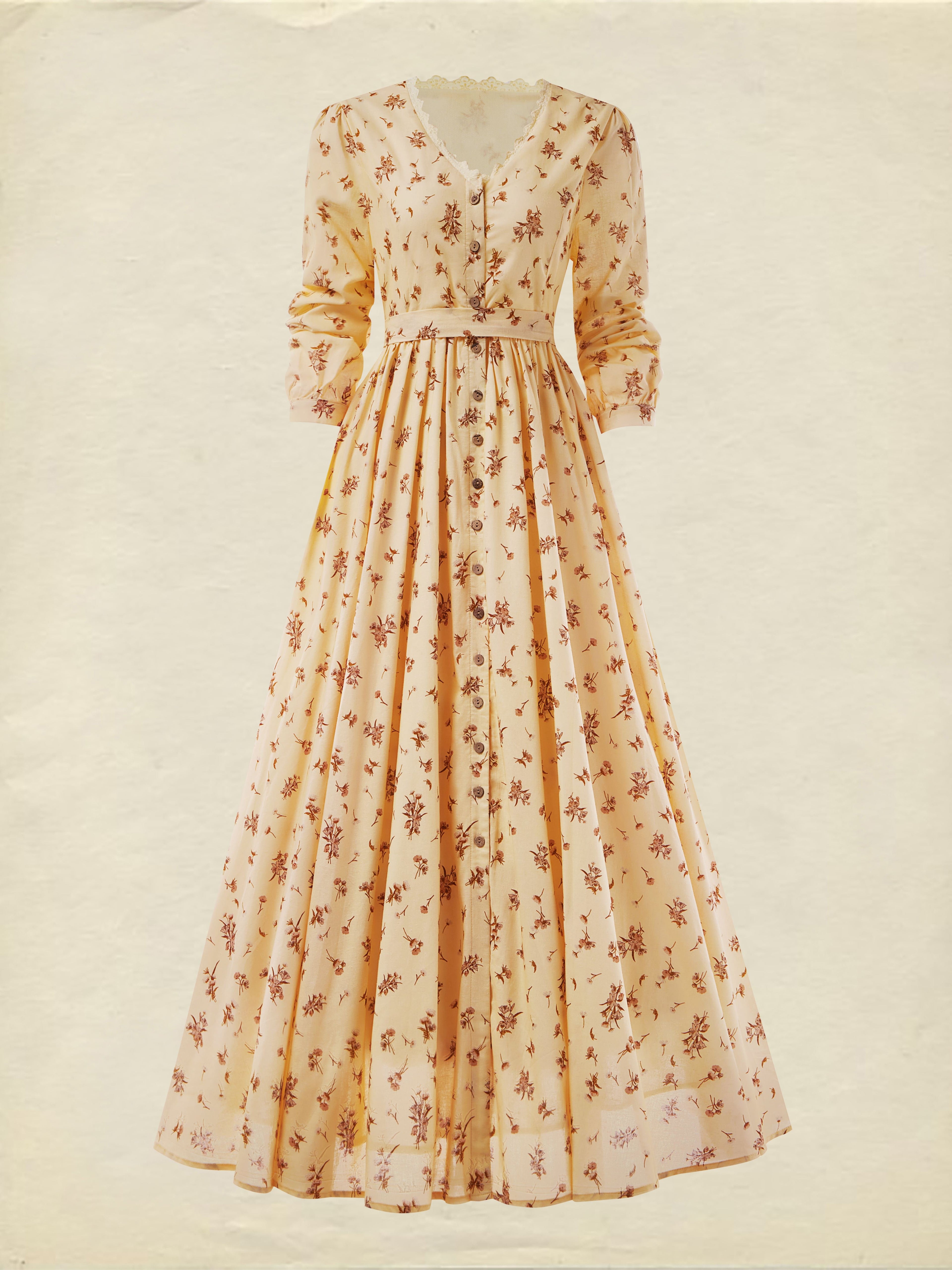 Maxi Linen Dress, Long Sleeves, V Neck, Cottagecore, Linen Blend, Apricot