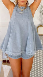 Light Wash Sleeveless Denim Romper Set