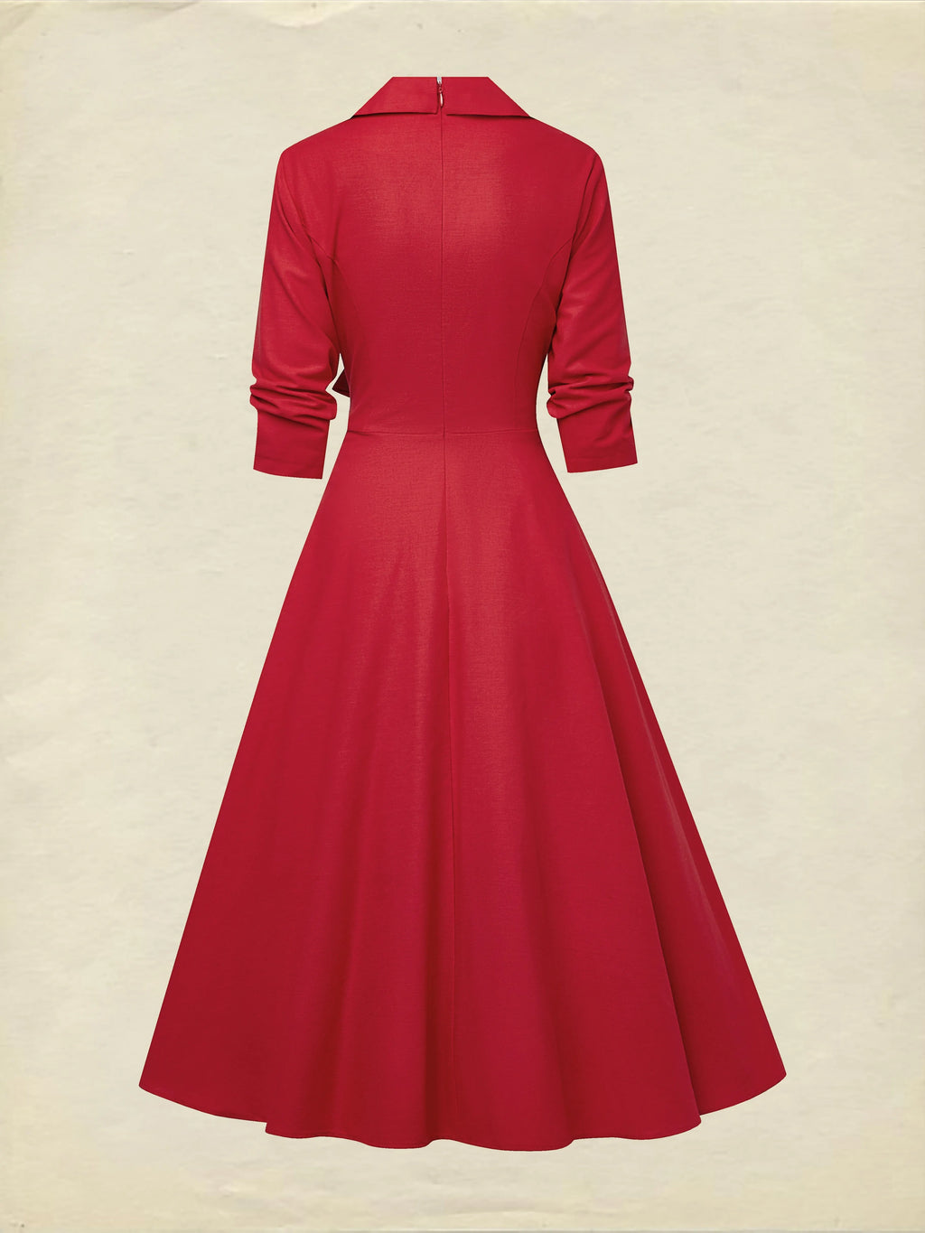 Midi Linen Dress, Half Sleeve, Shawl Collar, Plain, Button Design, French Vintage, Red