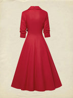 Midi Linen Dress, Half Sleeve, Shawl Collar, Plain, Button Design, French Vintage, Red