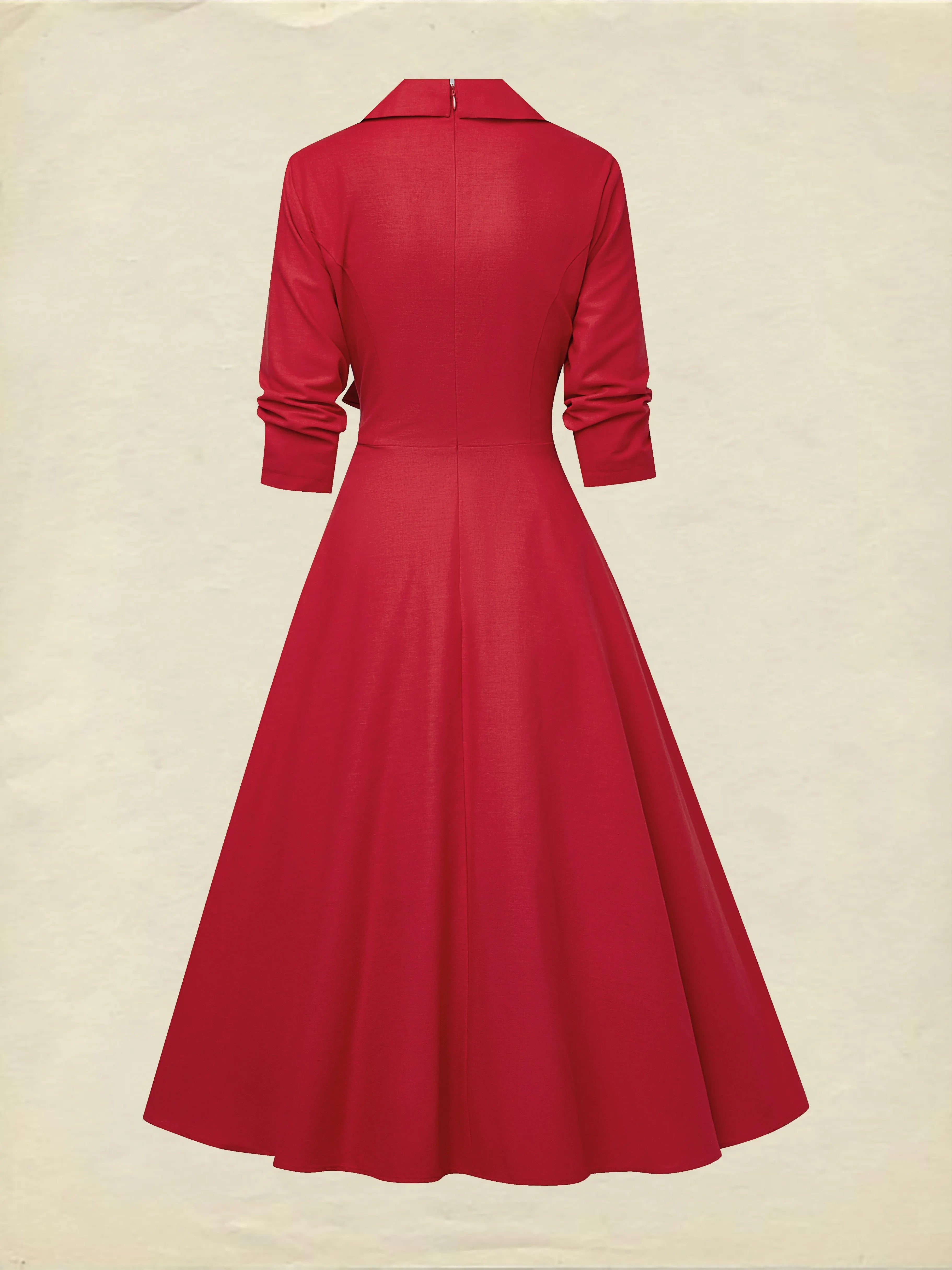 Midi Linen Dress, Half Sleeve, Shawl Collar, Plain, Button Design, French Vintage, Red