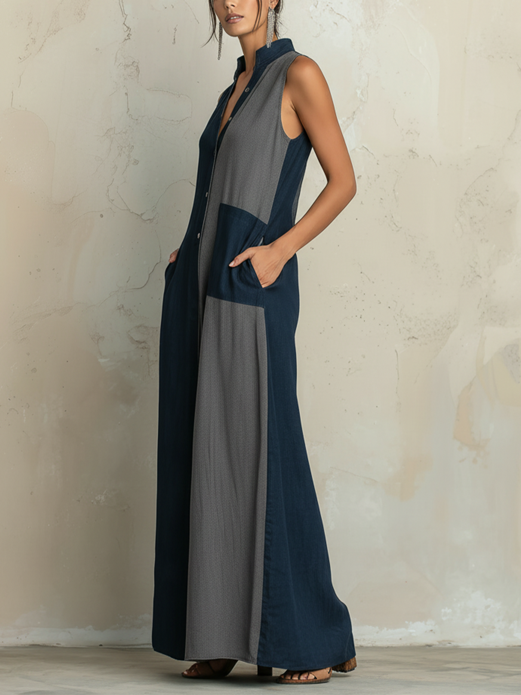 Color-Block Denim Maxi Shirt Dress — Sleeveless Button-Front Casual Maxi Dress
