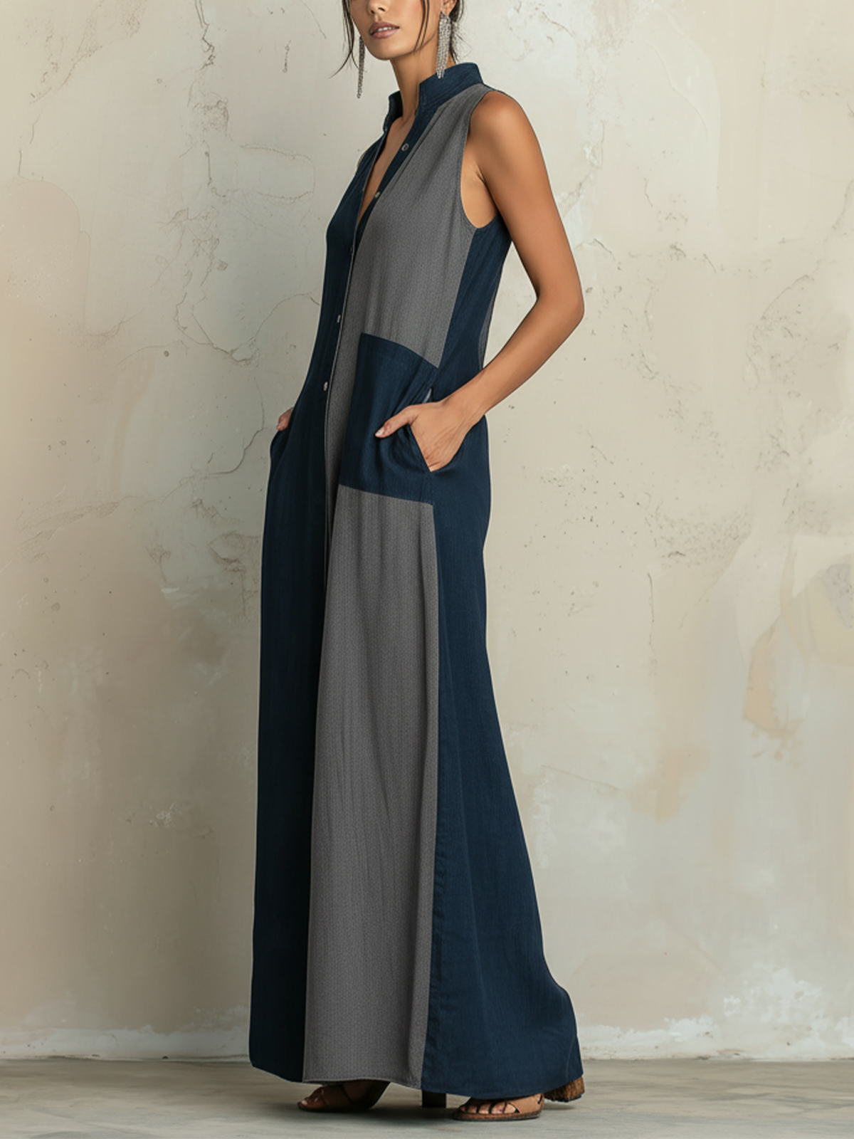 Color-Block Denim Maxi Shirt Dress — Sleeveless Button-Front Casual Maxi Dress
