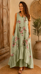 Rose Floral Sleeveless Linen-Blend Maxi Dress