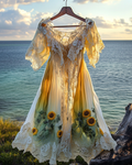 Summer Vacation Bohemian Hand Embroidered Lace Chiffon Dress 065b