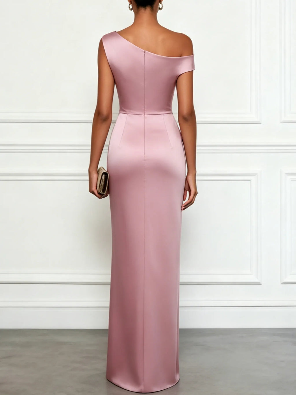Pink Satin One Shoulder Sleeveless Sheath Gown Dress