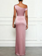 Pink Satin One Shoulder Sleeveless Sheath Gown Dress
