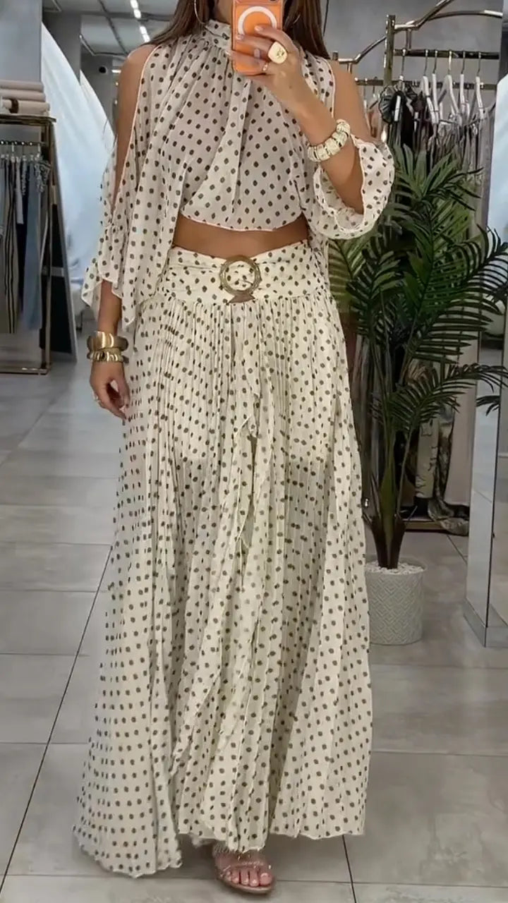 Polka Dot Halter Crop Top & Pleated Maxi Skirt Set