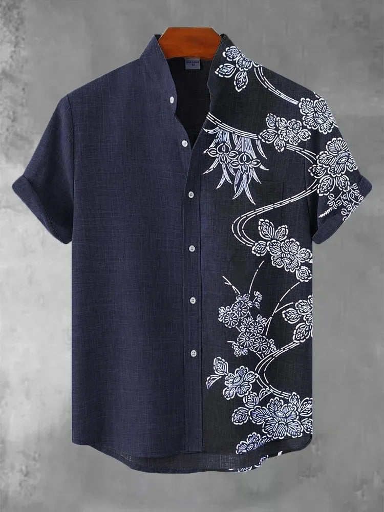 Japanese Art Print Flowers Casual Cotton Shirt