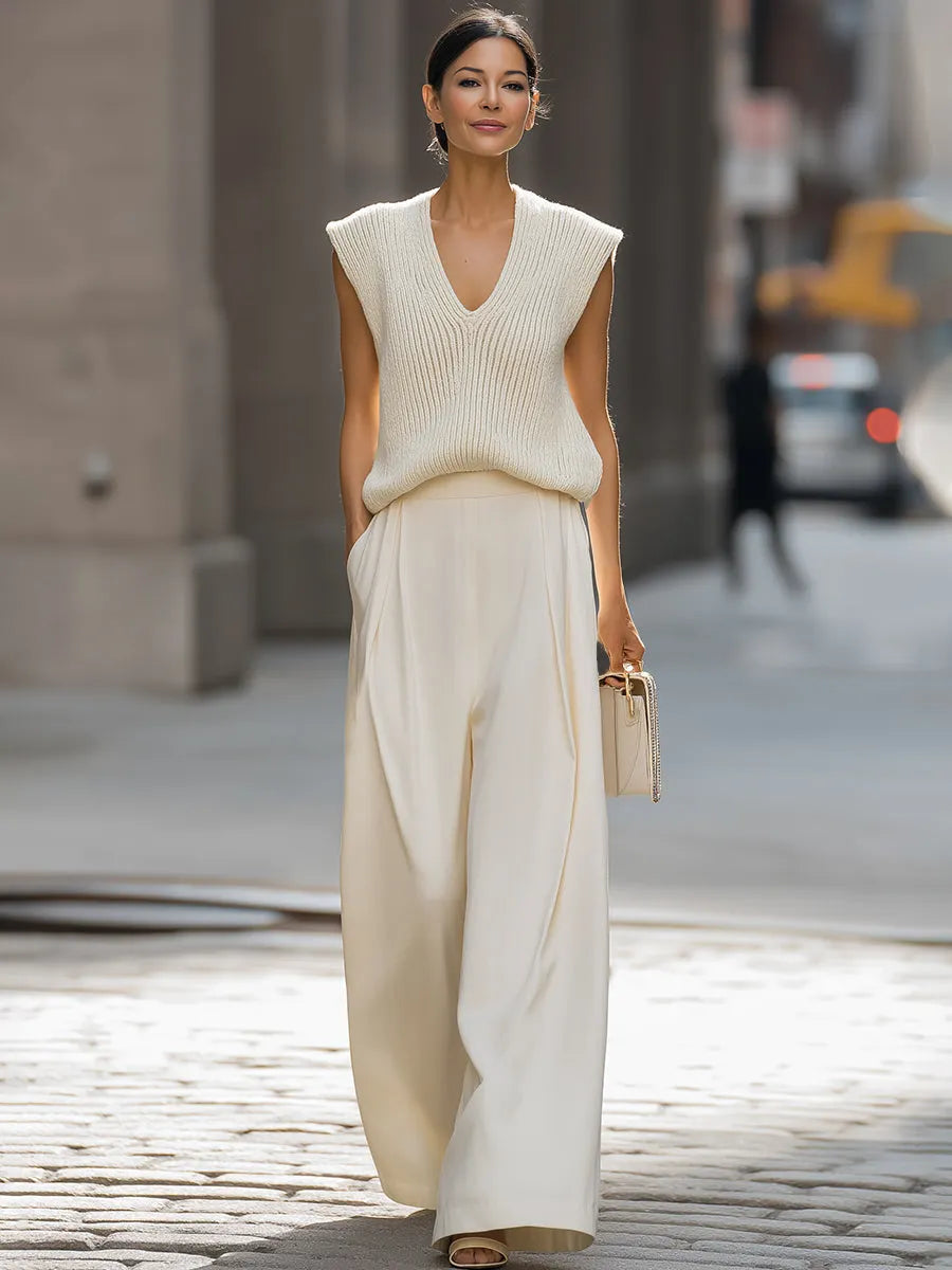 Relaxed V-Neck Knit Vest & Wide-Leg Trousers Set