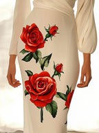 Elegant White Chiffon Dress with Side Rose Print