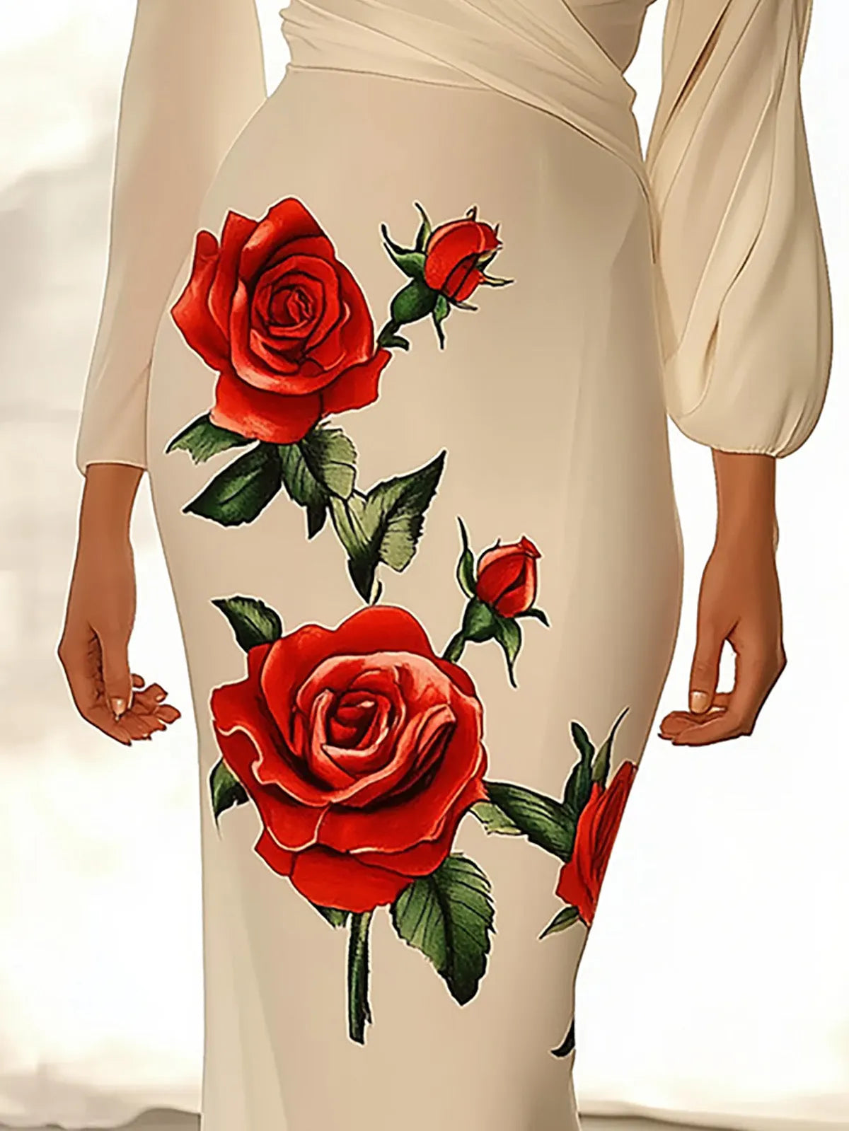 Elegant White Chiffon Dress with Side Rose Print