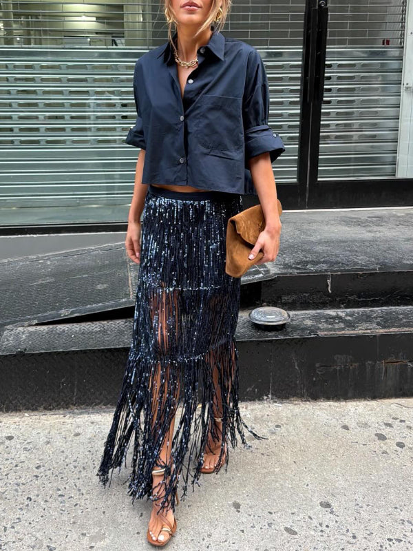 Navy Cropped Shirt & Sequin Fringe Midi Skirt