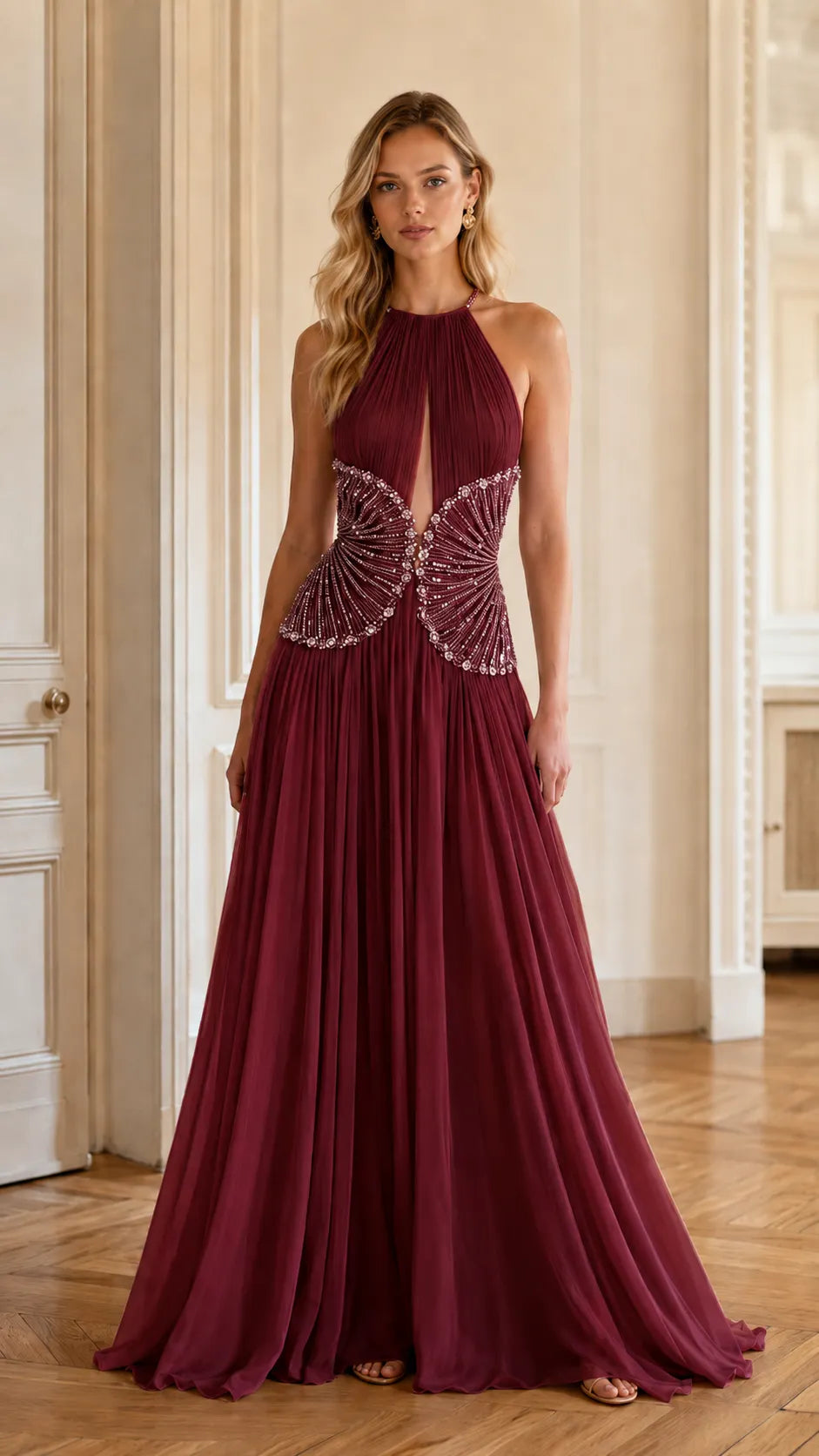 Taupe Halter Beaded Pleated Tulle Gown