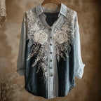 Butterfly Flower Embroidery Patchwork Striped Design Women's Summer Linen Shirt