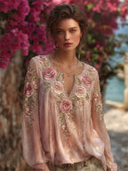 Vintage Boho Pink Roses Embroidered Flowy Linen Tunic