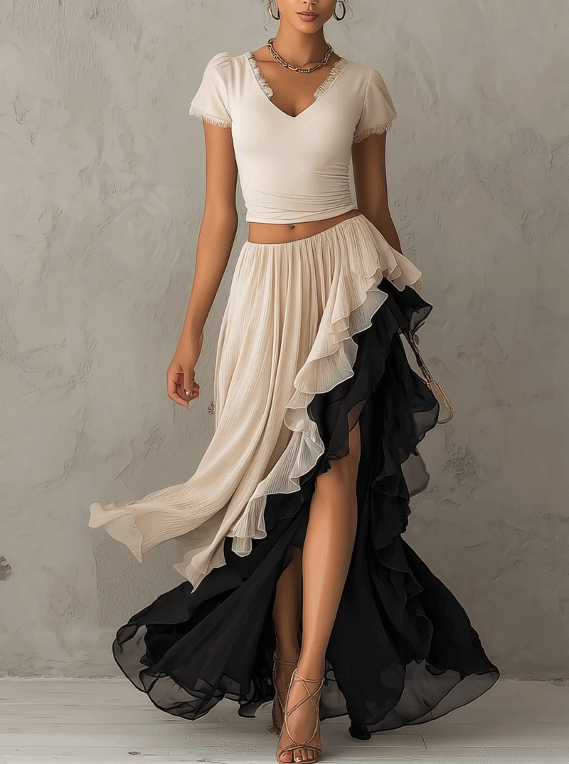 Beige Lace Patchwork Top And Contrast Layered Chiffon Skirt Set