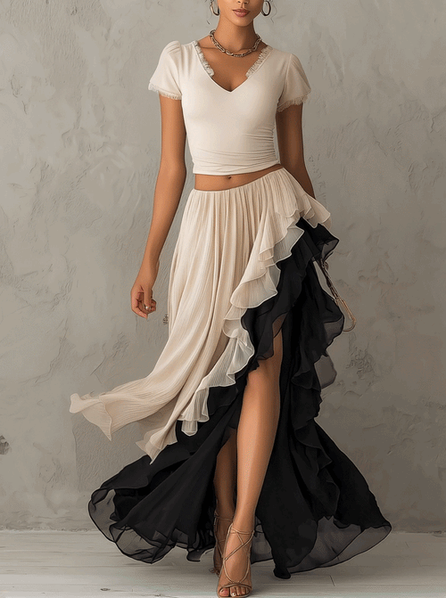 Beige Lace Patchwork Top And Contrast Layered Chiffon Skirt Set