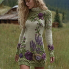 Classy Gradient Purple Lavender And Floral Art Cozy Knit Mini Turtleneck Dress