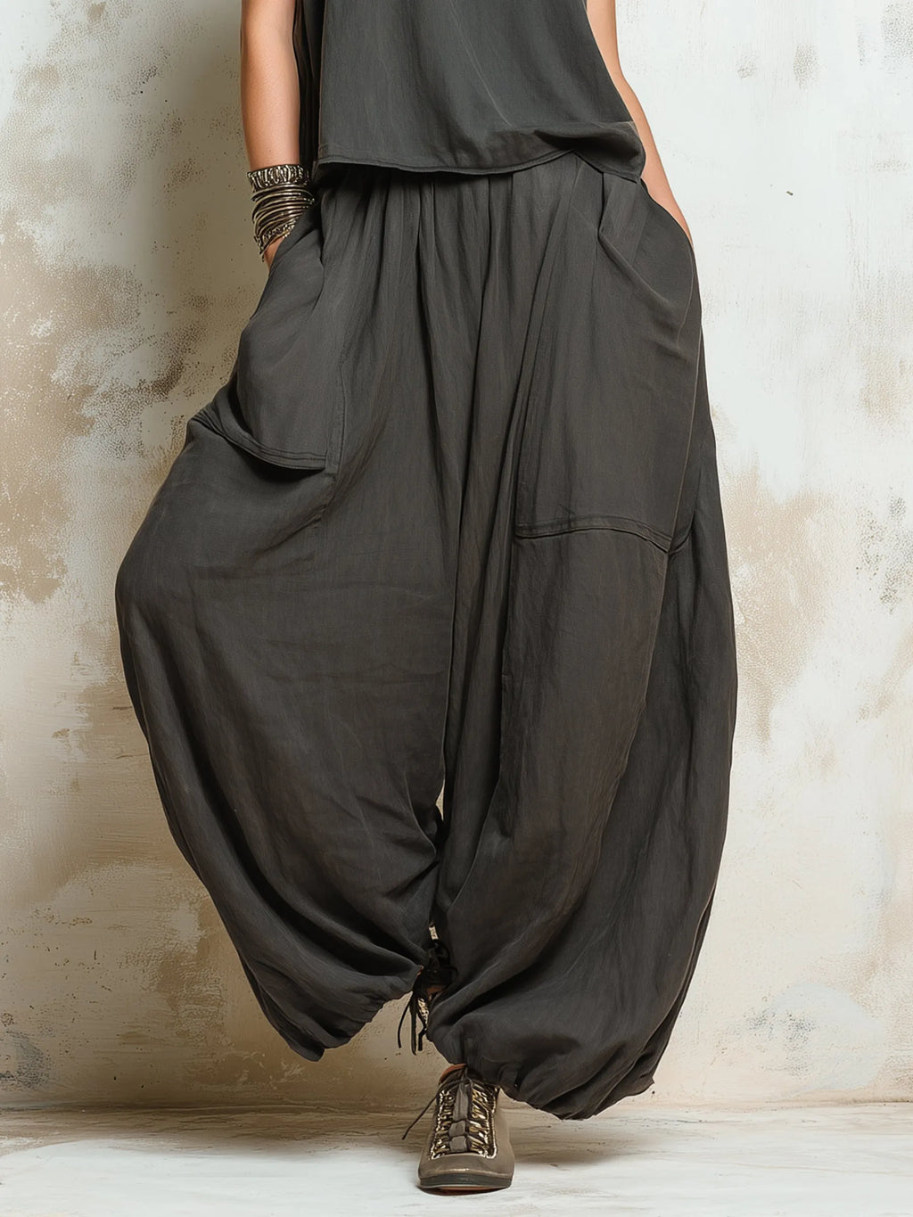 Dark Grey Oversized Linen Blend Harem Pants & Cap Sleeve Top Set