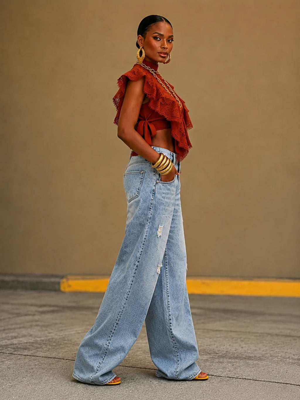 Light Wash Small Ripped Wide Leg Jeans