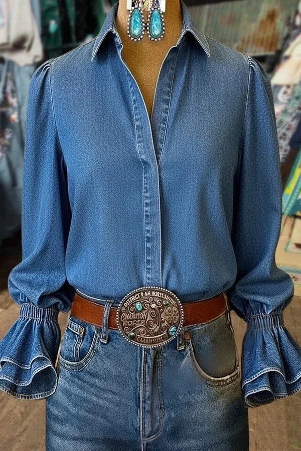 Women’s Solid Flared Cuff Casual Denim Blouse