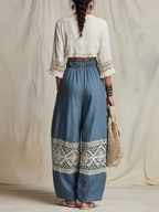 Blue Boho Linen Harem Pants with Crochet Lace Trim | Relaxed Fit Casual Trousers