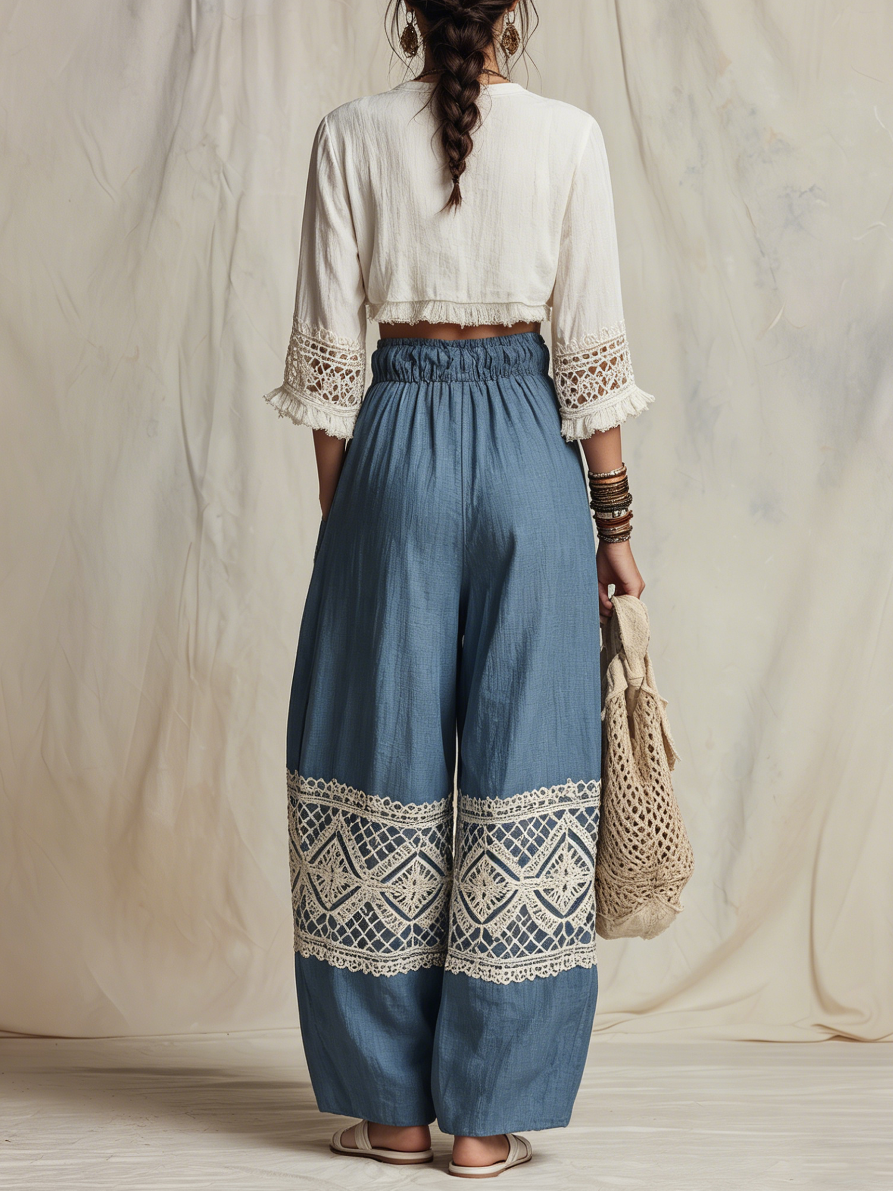 Blue Boho Linen Harem Pants with Crochet Lace Trim | Relaxed Fit Casual Trousers