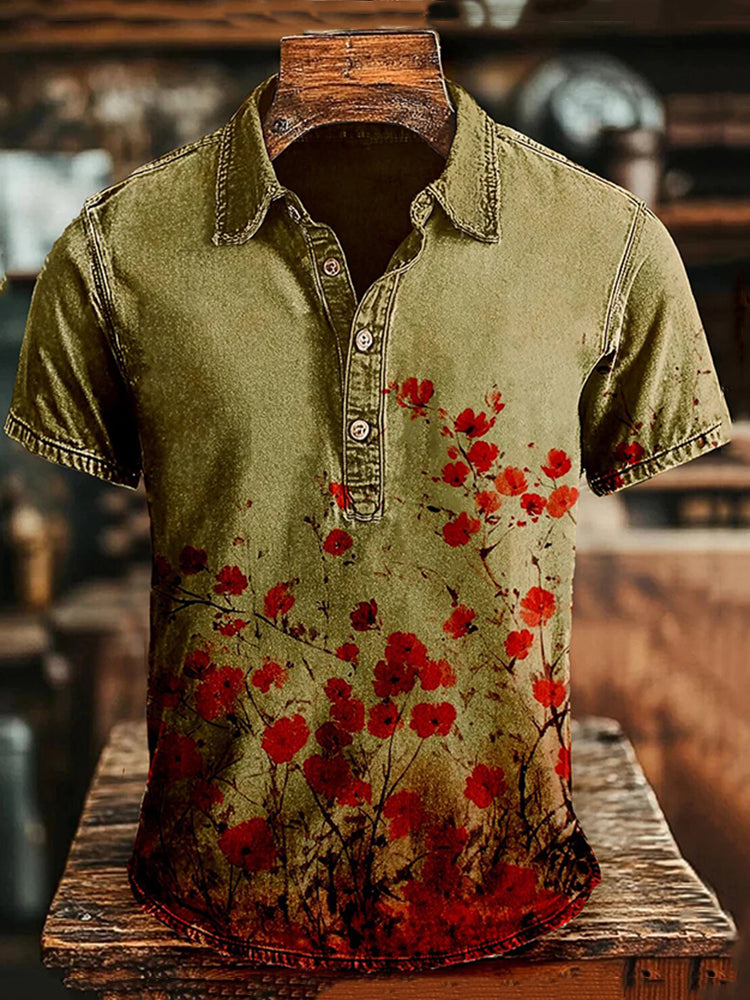 Men's Vintage Japanese Floral Art Polo Shirt