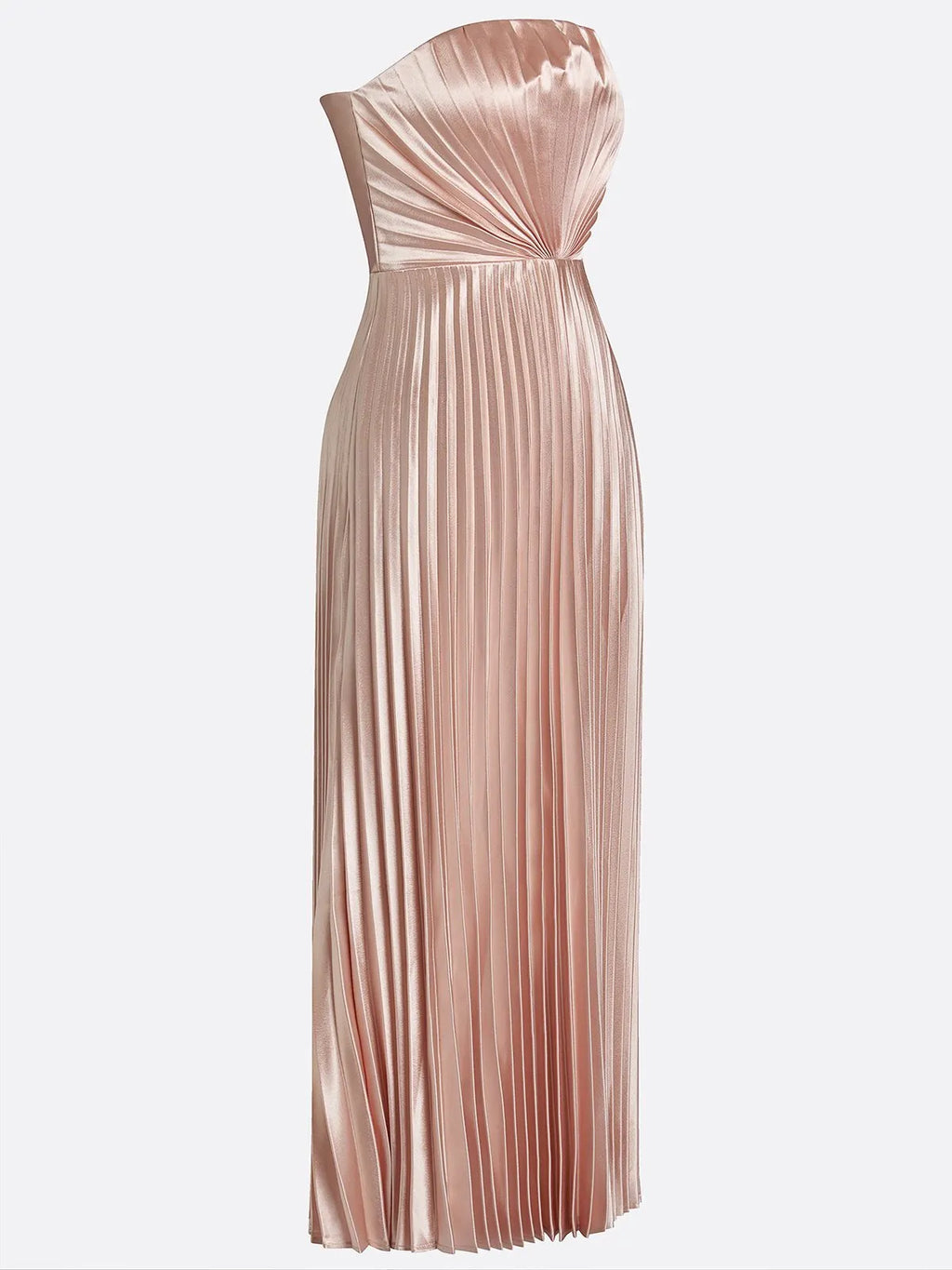 Rose Gold Pink Pleated Satin Strapless Sleeveless A-Line Midi Dress