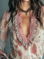 Vintage Bohemian Dusty Rose Lace-Trimmed Chiffon Blouse