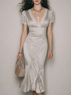 Vintage Satin Mermaid Midi Dress With Lace Trim