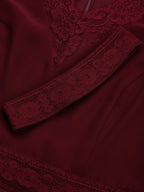 Wine Red Lace Floral Satin V Neck Short Sleeve A-Line Maxi Dress