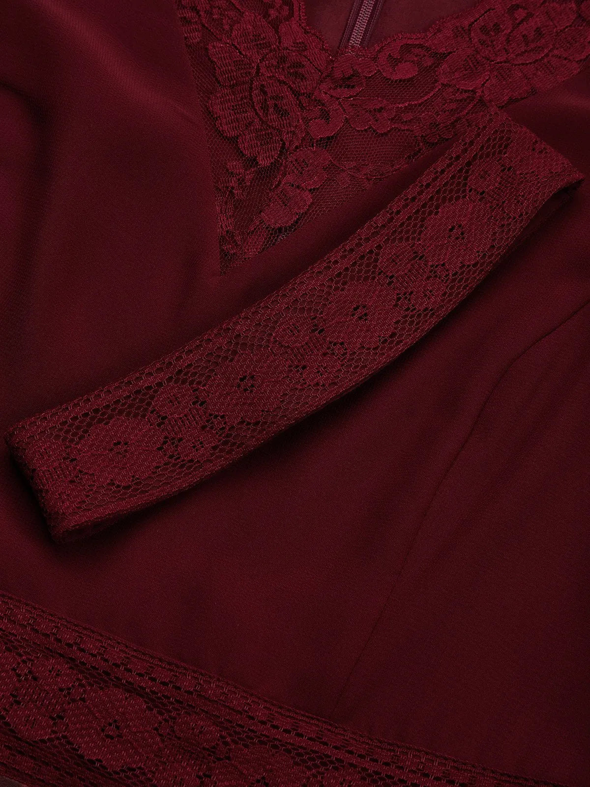 Wine Red Lace Floral Satin V Neck Short Sleeve A-Line Maxi Dress