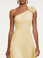 Yellow 3D Floral Gathered Chiffon One Shoulder Sleeveless A-Line Maxi Dress