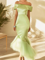 Mint Green Satin Dress with Feathered Bottom
