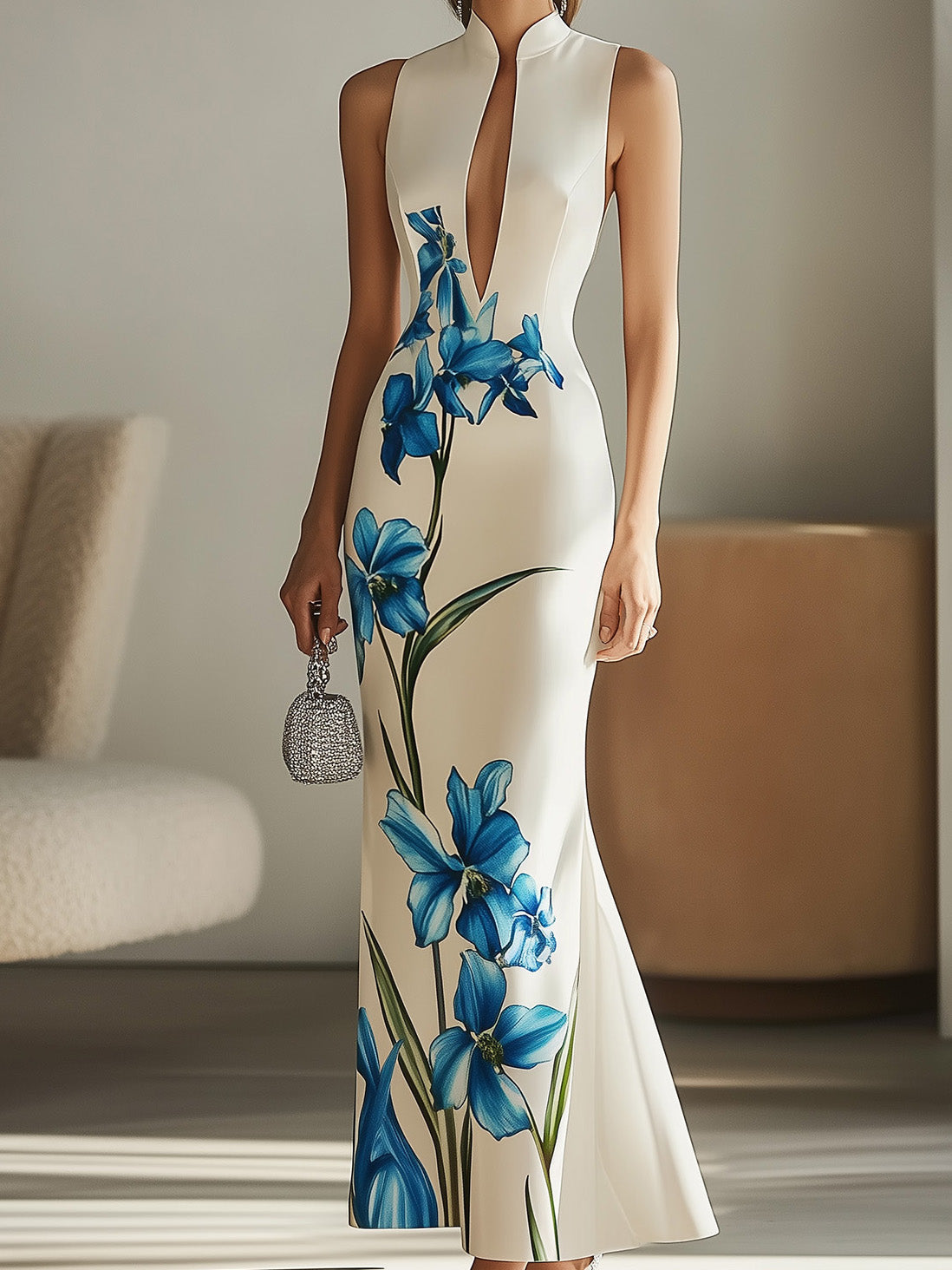 Modern Deep V-Neck Satin Dress with Side Floral Print
