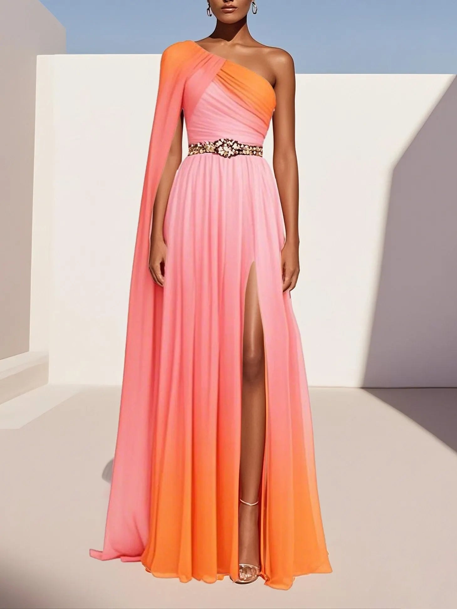 Orange Pink Side-Slit One Shoulder Sleeveless A-Line Gown Chiffon Dress